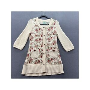 HWR Cardigan Sweater Womens M Floral Knit Cream Longline Mixed Media Cottagecore